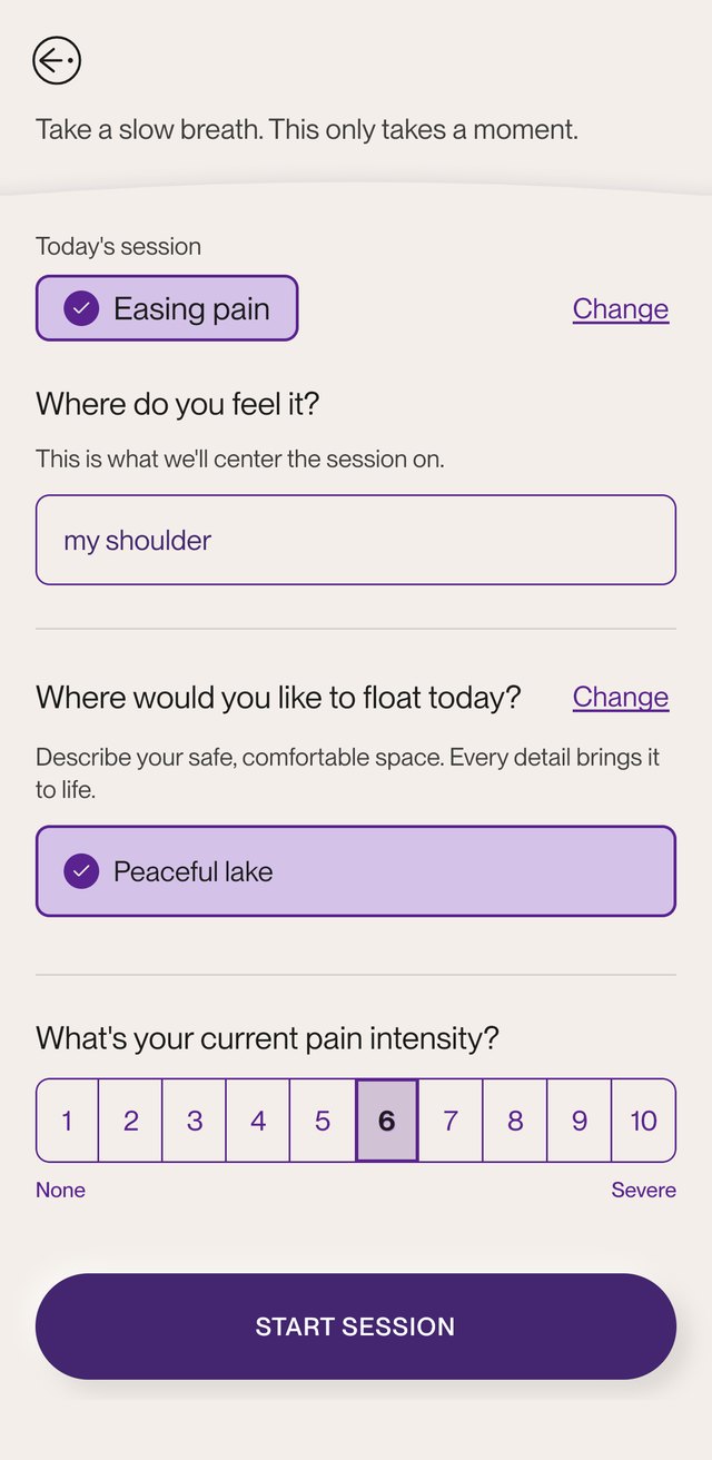 Before we begin: easing pain, where do you feel it, my shoulder; where would you like to float today, peaceful lake; pain intensity 6.