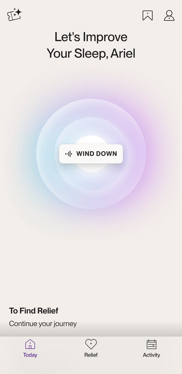 Reveri Today screen: Let's improve your sleep. Wind down.